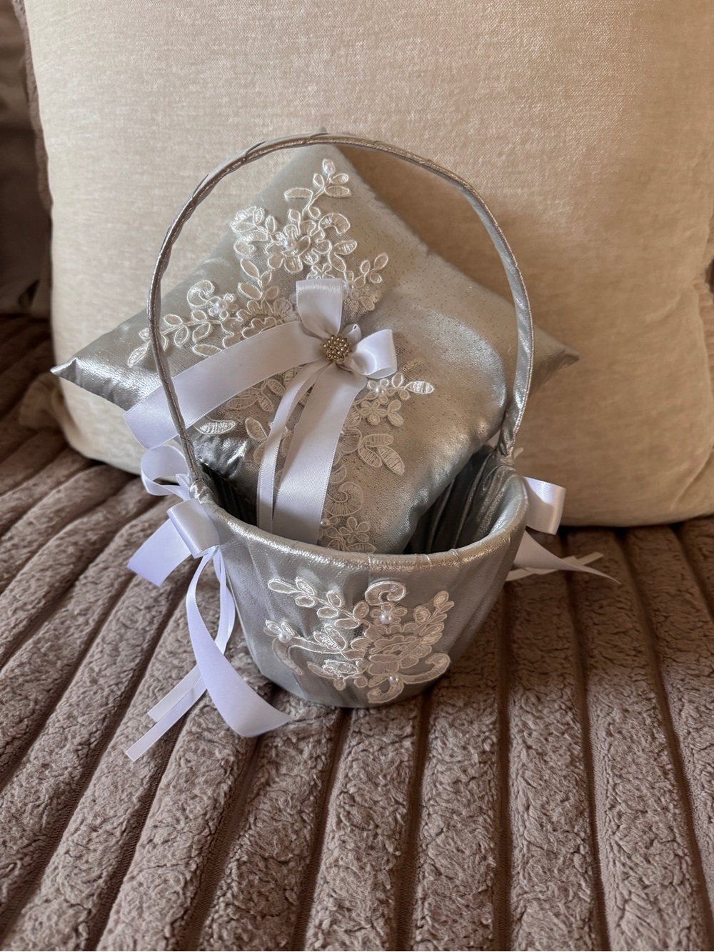 Silver Ring Bearer Pillow & Silver Flower Girl Basket for wedding